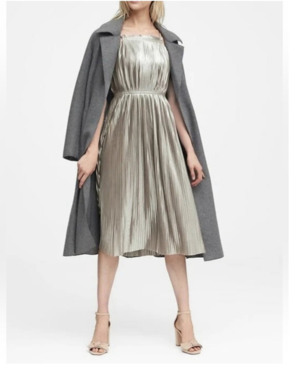 Banana Republic dress Metallic Pleated High Neck Strap Fit & Flare holiday sz 14
